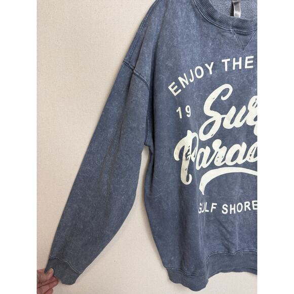 Gulf Shores Alabama “Surf Paradise” Sweatshirt Sz L Blue Beach Grunge Tropical - Picture 3 of 10